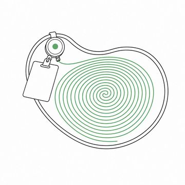 Line illustration: a retractable badge reel clipped to the rim of a stainless steel kidney dish with its cord drawn out and coiled into an enormous neat spiral filling the dish, the badge blank and every surface free of lettering, numbers or markings, the coiled cord the accent colour