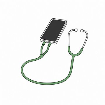 Line illustration: an oversized stethoscope whose two earpiece tubes are plugged into the charging port of a small smartphone lying flat, the tubing looping generously between them, the phone screen dark and empty with no icons, lettering or numbers, the tubing the accent colour