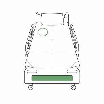 Line illustration: a hospital bed made up neatly with tight hospital corners, except the bedsheet is one enormous sheet of paper still showing its fold creases in a grid of eighths, with a large coffee ring near the pillow, the paper completely bare with no writing, printed rules or numbers anywhere, the coffee ring the accent colour
