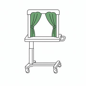 Line illustration: a wheeled overbed hospital tray table with a miniature theatre stage built on top of it, a small proscenium arch and heavy stage curtains half drawn, no signage or lettering anywhere on it, the curtains the accent colour