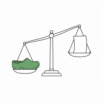 Line illustration: a small brass balance scale with one well-worn nurse's clog sitting heavily on the left pan and sunk to the tabletop, and a single thin sheet of paper riding high on the right pan, the sheet completely bare with no writing, lettering or numbers on it, the clog the accent colour