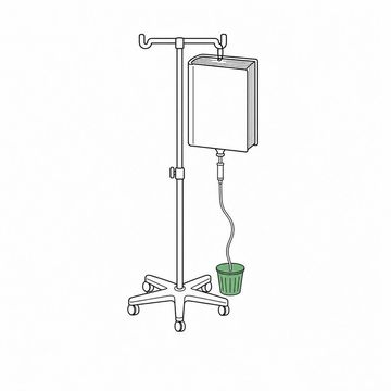 Line illustration: an IV drip stand hung with a fat hardback review book where the fluid bag should be, a drip line running from between its pages down into a small paper medicine cup below, the book cover and spine completely blank with no title, lettering or numbers, the medicine cup the accent colour