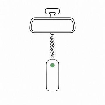 Line illustration: a car rear-view mirror on its stalk with a hospital nurse call-light handset hanging from it by its coiled cord where an air freshener would be, the handset bare with no markings, symbols or lettering, the call button the accent colour