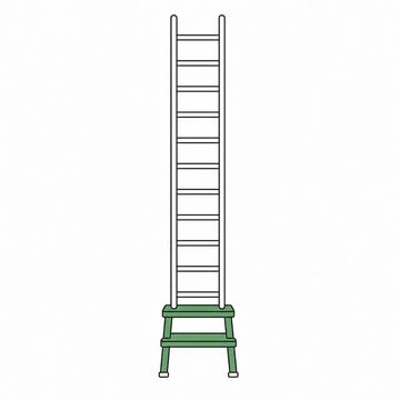 Line illustration: a towering extension ladder standing upright and perfectly balanced on the top step of a small two-step hospital footstool, the ladder plain with no warning stickers, lettering or numbers on any rung or rail, the footstool the accent colour