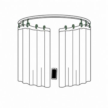 Line illustration: a hospital privacy curtain drawn in a full circle on its ceiling track and closed except for one narrow gap, with a single small smartphone standing alone on the floor inside it, the phone screen dark and empty with no icons, lettering or numbers, the curtain hooks the accent colour