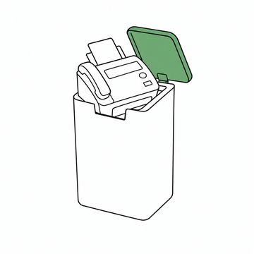 Line illustration: a hospital sharps disposal bin with an entire desktop fax machine jammed halfway into its narrow slot, the bin and the machine bare of any lettering, numerals, keypad markings or warning symbols, the bin's hinged lid the accent colour