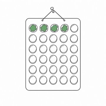 Line illustration: an oversized pill blister pack the size of a wall calendar hanging from a single nail, thirty domed blisters in a grid with the first four already pressed out, the foil backing completely bare with no numbers, day names or lettering anywhere, the pressed-out foil of those first four the accent colour