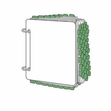 Line illustration: a fat closed ring binder so thickly fringed with index tabs along every edge that they fan out past the covers like feathers, every tab and both covers completely blank with no lettering or numbers, the tabs the accent colour