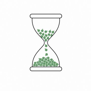 Line illustration: an hourglass whose sand has been replaced by paper hole-punch chads, a small drift of them already gathered in the lower bulb, everything blank and unmarked with no lettering or numbers anywhere, the chads in the lower bulb the accent colour