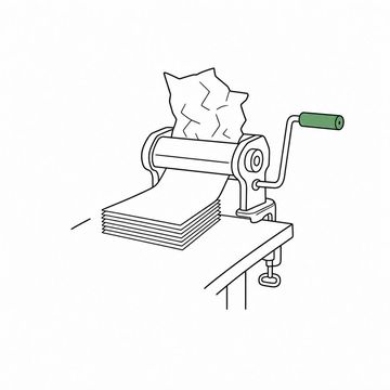 Line illustration: a hand-cranked pasta machine clamped to the edge of a desk with one crumpled sheet of paper feeding in at the top and a neat stack of flat pressed sheets emerging below, every sheet blank and unmarked with no lettering or numbers on it, the crank handle the accent colour