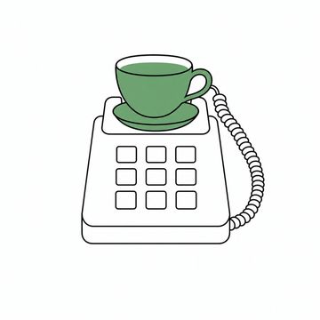 Line illustration: a desk telephone with a full teacup and saucer sitting in the cradle where the handset belongs and the coiled cord running from the phone to the cup's handle, the dial and buttons blank and unmarked with no lettering or numbers, the teacup the accent colour