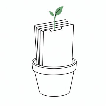 Line illustration: a red-rope expanding accordion file standing upright in a terracotta plant pot with one young shoot rising out of its top pocket, the file blank and unmarked with no lettering or numbers on it, the shoot the accent colour