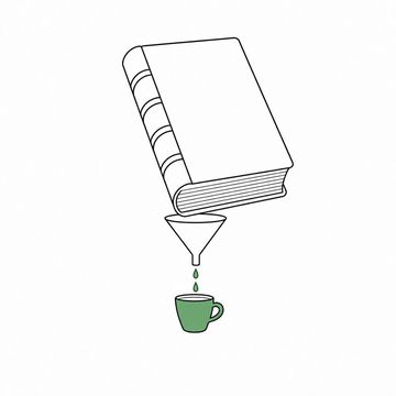 Line illustration: an enormous bound law reporter volume upended over a small funnel that drips into a single espresso cup below it, the volume's spine, covers and pages blank and unmarked with no lettering or numbers anywhere, the espresso cup the accent colour