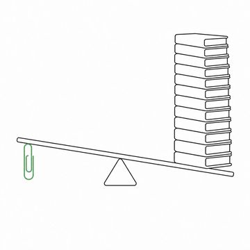 Line illustration: a plank balanced on a fulcrum with a towering stack of bound deposition transcripts on one end held clear of the ground by a single paperclip resting on the other, every cover blank and unmarked with no lettering or numbers, the paperclip the accent colour
