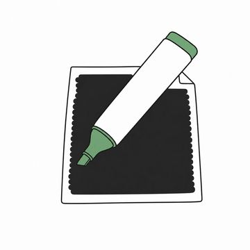 Line illustration: an oversized felt redaction marker lying across a single sheet of paper blacked out edge to edge into one solid rectangle, nothing legible and no lettering or numbers anywhere on the sheet, the marker the accent colour