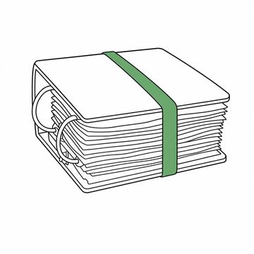 Line illustration: an overstuffed legal ring binder whose steel rings have been forced apart by its contents, held shut by a single elastic band as thick as a fan belt stretched around the whole thing, the covers and spine blank with no lettering, labels or numbering, the elastic band the accent colour