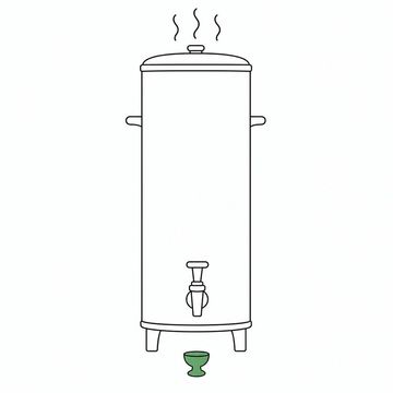 Line illustration: an enormous church-hall coffee urn taller than a filing cabinet, already percolating with steam rising from its lid, a single tiny communion cup waiting on the floor under its tap, no lettering, badges or markings anywhere on the urn, the small cup the accent colour