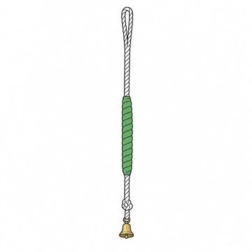 Line illustration: a small brass handbell hanging at the end of a full-length church bell rope whose thick woollen sally and long tail dwarf it, everything plain with no lettering, numbers or markings anywhere, the sally the accent colour