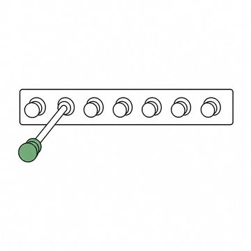 Line illustration: a row of organ stop knobs on a plain console with one knob drawn out on a shaft as long as an oar, every knob face blank with no lettering or numerals, the extended knob the accent colour