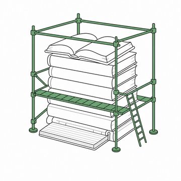 Line illustration: a waist-high stack of thick open commentaries and one legal pad, enclosed by a neat cage of builder's scaffolding poles, clamps and a plank walkway erected around the books, every spine and page left blank with no lettering or numerals, the scaffolding the accent colour