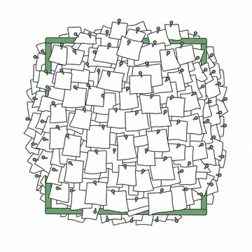 Line illustration: a cork noticeboard so thickly layered with small pinned paper slips that it has grown outward into a shaggy hedge of paper, every slip completely blank with no lettering or numerals, the board's wooden frame the accent colour