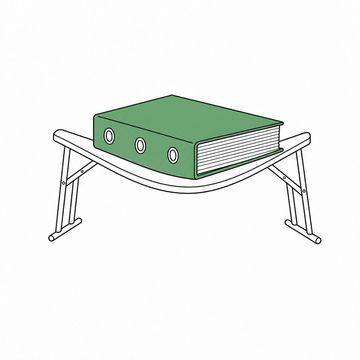 Line illustration: a folding trestle table of the kind kept in a church hall, its top bowed into a deep sag under one three-ring binder the size of a hay bale, the binder's covers and spine entirely blank with no lettering or numerals, the binder the accent colour