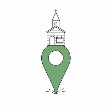 Line illustration: a small clapboard church with a steeple, shrunk to the size of a birdhouse and perched on the head of an enormous map pin driven into the ground, its little noticeboard by the door left blank with no lettering or numerals, the map pin the accent colour