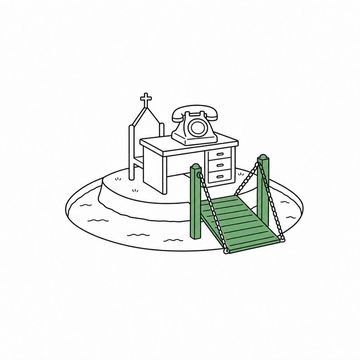 Line illustration: a small church-office desk with a rotary telephone on it, standing alone on a round island ringed by a neat circular moat with its miniature drawbridge raised on chains, the telephone's dial blank with no lettering or numerals, the raised drawbridge the accent colour