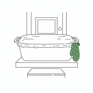 Line illustration: a foil-covered potluck casserole dish scaled up to the size of a rowing boat, resting on a doorstep with one ordinary oven glove hooked over its handle, the foil plain with no note, lettering or numerals anywhere, the oven glove the accent colour