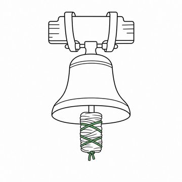 Line illustration: a church bell hanging in its wooden yoke with its clapper wrapped in many thick turns of cloth and bound tight with cord, the bell surface entirely plain with no inscription, lettering or numerals, the binding cord the accent colour