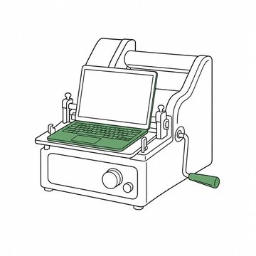 Line illustration: a boxy hand-cranked stencil duplicator of the sort that lived in church offices for decades, a slim modern laptop clamped into its paper tray where the paper should go, the laptop's screen and keys entirely blank and the machine's dials unmarked, nothing lettered or numbered anywhere, the laptop and the crank handle the accent colour