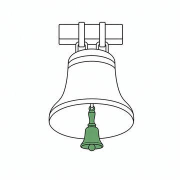 Line illustration: an enormous church bell hanging mouth-forward from a plain beam with a small brass handbell hung inside it in place of its clapper, both bells left completely bare with no lettering, dates or inscriptions cast into them, the little handbell the accent colour