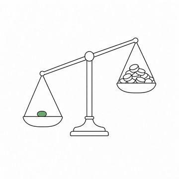 Line illustration: a set of small brass apothecary balance scales tipped hard to one side, a single tablet sitting alone in the low pan while a heaped mound of tablets rides high in the other, no lettering or numerals anywhere on the scales or their beam, the single tablet the accent colour