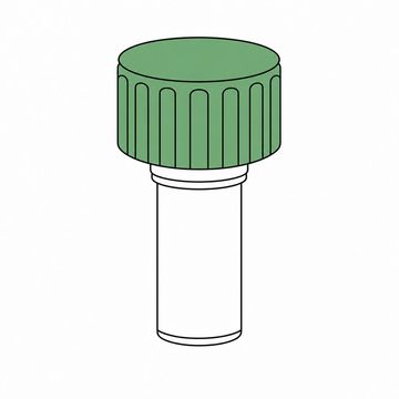 Line illustration: an amber prescription vial standing upright fitted with a child-resistant cap many times larger than the vial itself, the vial completely bare with no label, lettering or numbers anywhere, the oversized cap the accent colour