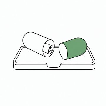 Line illustration: an oversized gelatin capsule pulled apart into its two halves on a pill counting tray, a tightly rolled blank paper slip lying inside one half, no lettering or numerals anywhere, the closed half of the capsule the accent colour