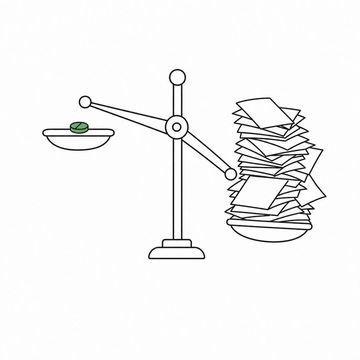 Line illustration: a two-pan apothecary balance with a single small tablet riding high on one pan and a toppling mountain of fax paper weighing the other pan all the way down, every sheet completely blank with no print, ruled lines or numbers, the single tablet the accent colour