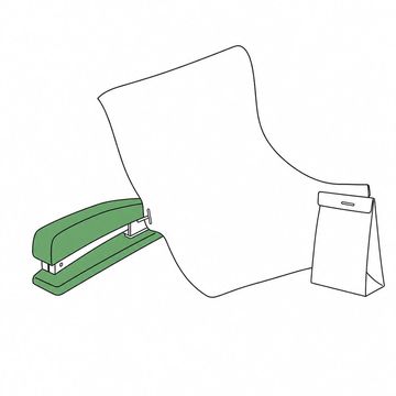 Line illustration: an ordinary desk stapler biting down on a patient information leaflet the size of a bedsheet, the leaflet billowing out behind it and pinned to one small paper prescription bag, both the leaflet and the bag entirely blank with no printing or lettering of any kind, the stapler the accent colour