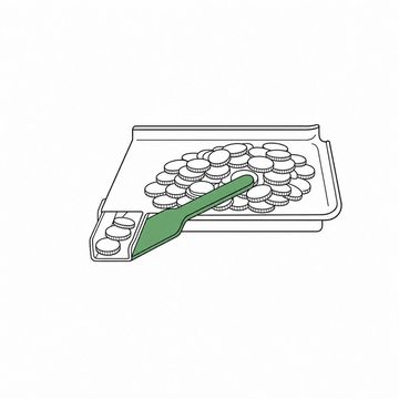 Line illustration: a pharmacy pill-counting tray with its spatula, the tray heaped with loose coins instead of tablets and the spatula sweeping them toward the chute, the tray surface plain with no counting grid, numbers or markings, the spatula the accent colour