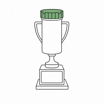 Line illustration: a tall trophy on a plinth whose cup is an oversized amber prescription vial with its child-resistant cap serving as the trophy lid, the vial bare and the plinth's plaque blank and unengraved with no lettering anywhere, the cap the accent colour