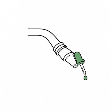 Line illustration: a thick fire hose curving in and narrowing at its brass nozzle into a tiny glass medicine dropper with a single drop hanging from the tip, the hanging drop and the dropper's rubber bulb the accent colour