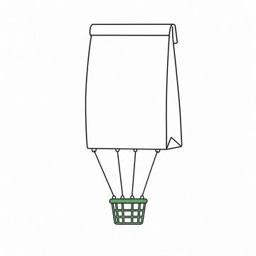 Line illustration: a paper pharmacy bag inflated into a hot-air balloon with a small wire will-call basket slung beneath it on cords, the bag's surface completely blank with no printing or lettering of any kind, the basket the accent colour