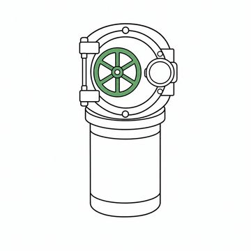 Line illustration: a stubby amber prescription vial fitted with a full bank-vault door where its cap should be, complete with a spoked handwheel and a dial whose face is entirely blank with no numbers, ticks or markings, the vial itself bare, the spoked handwheel the accent colour