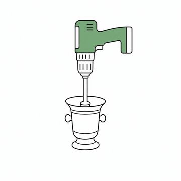 Line illustration: a brass apothecary mortar with its pestle clamped into the chuck of a cordless drill standing upright above it, the drill body, chuck and mortar bare with no lettering, numerals or maker's marks, the drill the accent colour