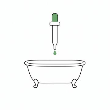 Line illustration: a glass medicine dropper suspended above a full-size cast-iron bathtub with one single drop hanging at its tip and the tub otherwise dry, the dropper's barrel plain with no numerals, graduations or lettering on it, the hanging drop the accent colour