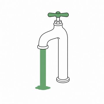 Line illustration: a chrome bath tap standing alone on a bare floor with a full steady stream of water already pouring from its spout while its handle is turned hard shut, nothing else in the frame and no lettering or markings anywhere, the handle and the stream of water the accent colour