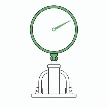 Line illustration: an enormous brass pressure-test gauge screwed onto one short capped stub of pipe clamped upright in a stand, the round dial completely blank and unmarked with no numbers or lettering of any kind, the gauge bezel and its single needle the accent colour