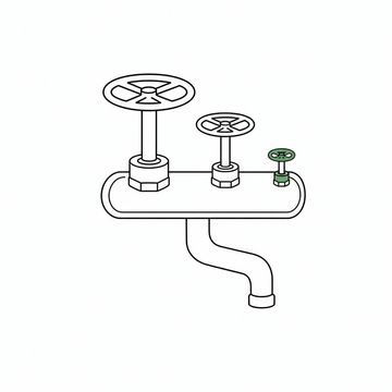 Line illustration: a single wall-mounted tap spout fed by three separate handles of three wildly different sizes mounted on one shared body, everything plain and unmarked with no lettering or numerals, the smallest handle the accent colour