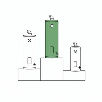 Line illustration: three tank water heaters of increasing height standing on a three-step winners' podium, the tallest on the centre step, the podium blocks bare and unmarked with no numbers or lettering on them, the tallest heater the accent colour