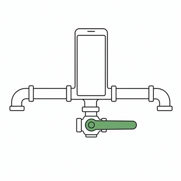 Line illustration: a smartphone spliced into a run of copper water pipe as though it were just another fitting, a quarter-turn ball valve on the line below it standing wide open, the phone screen entirely blank and unmarked, the valve handle the accent colour