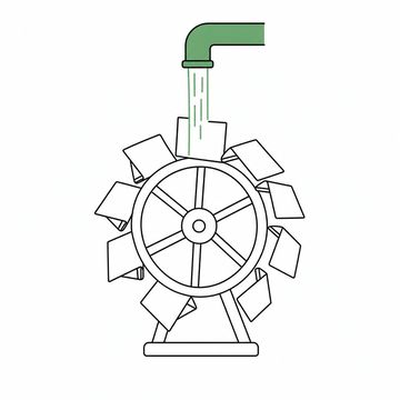 Line illustration: a small waterwheel whose paddles are folded paper invoices, turning under a steady stream falling from a copper pipe above it, every sheet completely blank and unmarked, the copper pipe and the falling stream the accent colour